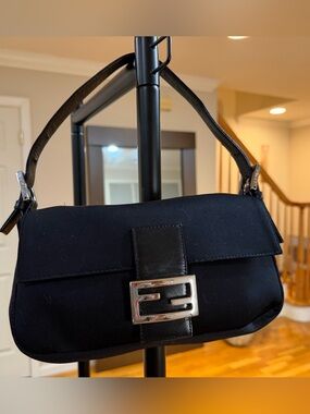 Vintage Fendi Black Neoprene Baguette Bag Silver FF Y2K Never Carried